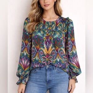 Nicole Miller Green Multicolor Floral Boho Blouse Long Sleeve Peasant Chic Top S